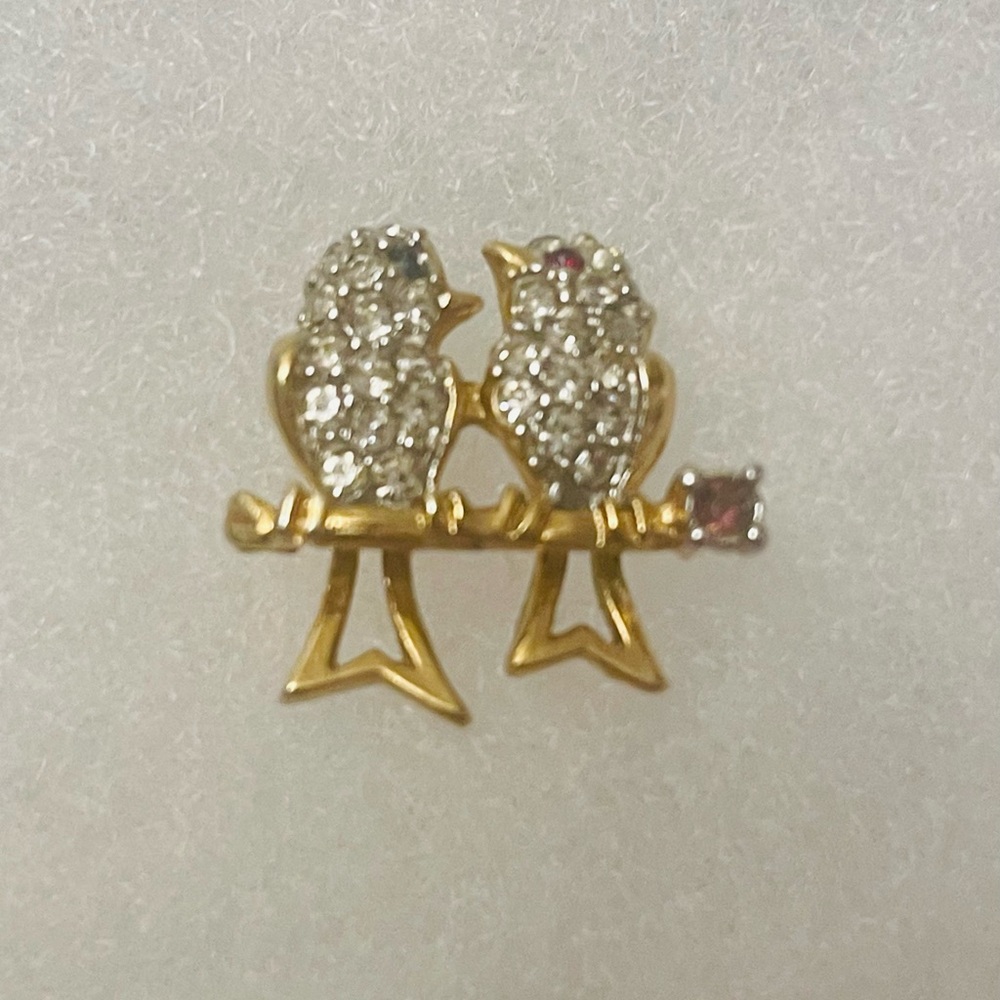 Crystal Lovebirds Pin on a Gold Tone Branch Push Pin 1990’s EUC